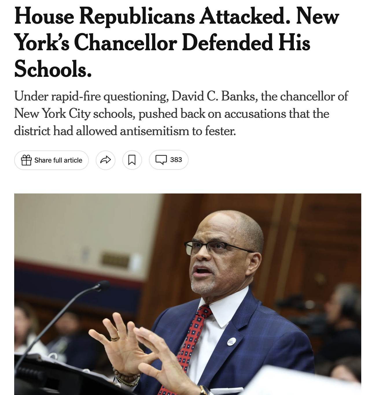 House Republicans Attacked. New York’s Chancellor Defended His Schools. Under rapid-fire questioning, David C. Banks, the chancellor of New York City schools, pushed back on accusations that the district had allowed antisemitism to fester.