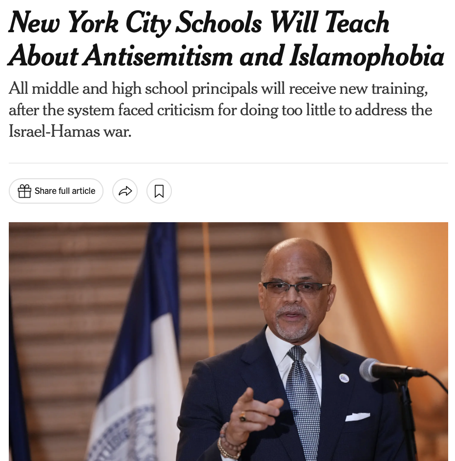 New York City Schools Will Teach About Antisemitism and Islamophobia All middle and high school principals will receive new training, after the system faced criticism for doing too little to address the Israel-Hamas war.